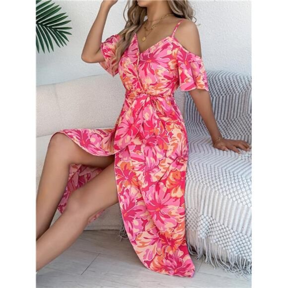 Printed Cold Shoulder Midi Cami Dress - Picture 10 of 15
